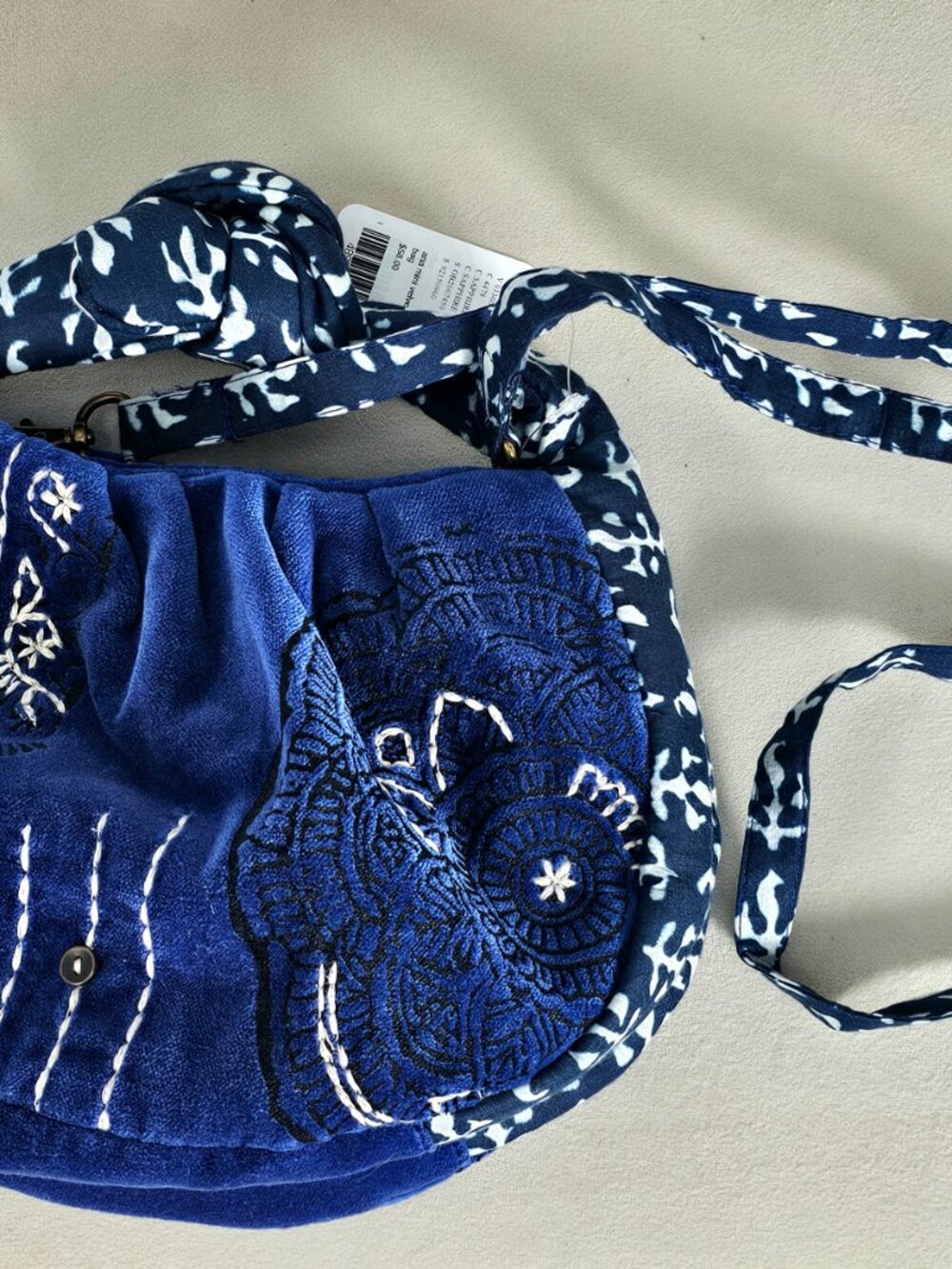 Free People Attia Velvet Bag Blue Embroidered Knot Handle NWT Boho Mini Hobo - Picture 10 of 15